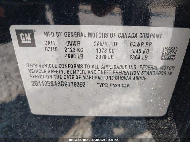 Chevrolet IMPALA 1LT 2016 2G1105SA3G9179392 Image 9