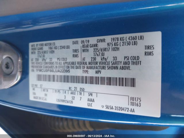 1FMCU0F66LUA22395 Ford ESCAPE S