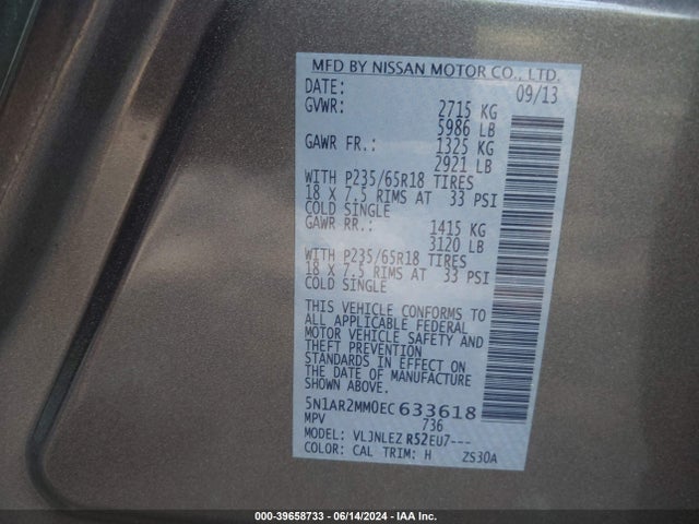 Nissan Pathfinder Sv 2014 5N1AR2MM0EC633618 Image 9