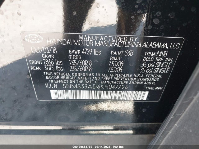 5NMS33AD6KH047796 Hyundai Santa Fe Sel Plus