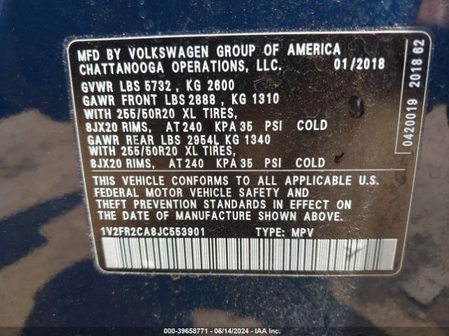 1V2FR2CA8JC553901 Volkswagen Atlas 3.6l V6 Se W/technology