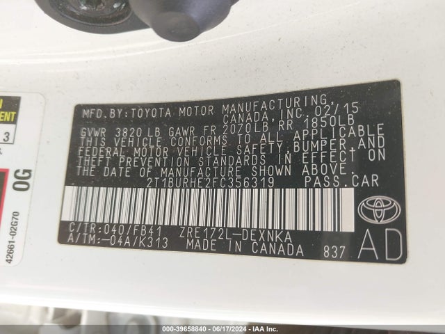 Toyota COROLLA LE 2015 2T1BURHE2FC356319 Image 9