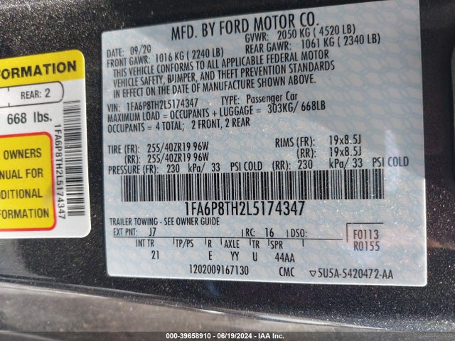 Ford Mustang Ecoboost Fastback 2020 1FA6P8TH2L5174347 Image 9