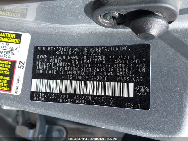 Toyota CAMRY SE 2021 4T1G11AK2MU443956 Image 9