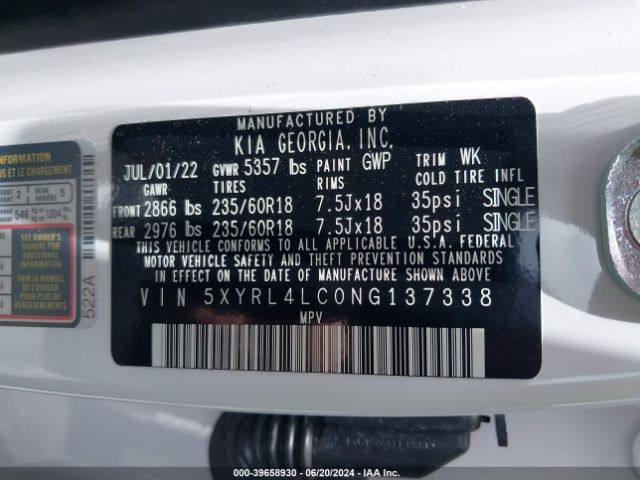 5XYRL4LC0NG137338 KIA SORENTO S
