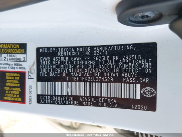 4T1BF1FK2EU371629 Toyota CAMRY SE