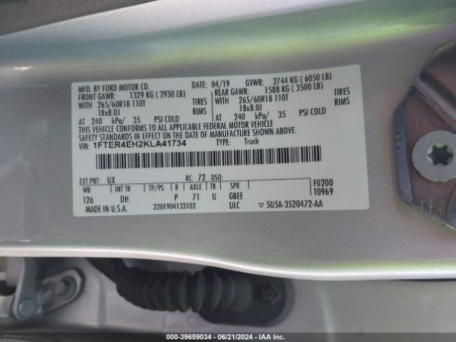 1FTER4EH2KLA41734 Ford Ranger Lariat