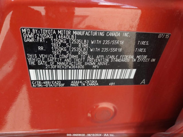 Toyota Rav4 Limited 2015 2T3DFREV2FW364806 Image 9
