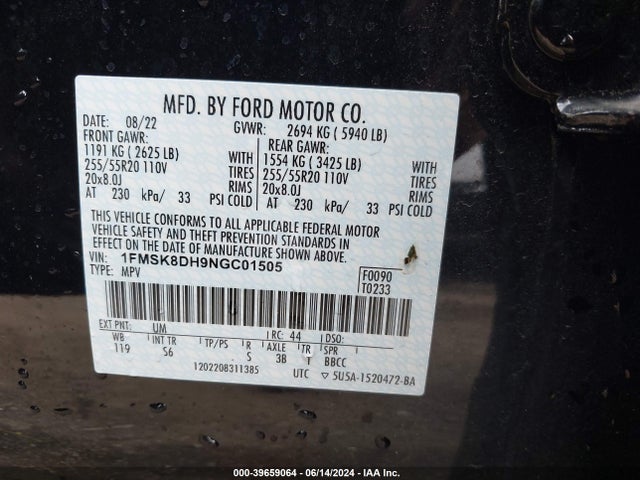 Ford EXPLORER XLT 2022 1FMSK8DH9NGC01505 Image 9