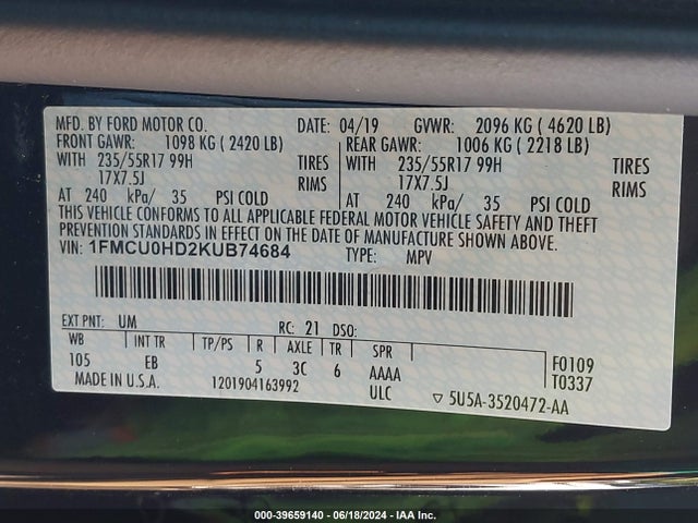 Ford ESCAPE SEL 2019 1FMCU0HD2KUB74684 Image 9
