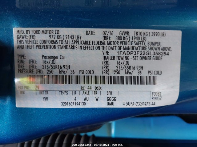 Ford FOCUS SE 2016 1FADP3F22GL358254 Image 9