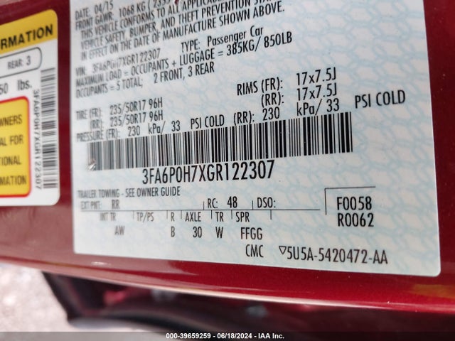 Ford FUSION SE 2016 3FA6P0H7XGR122307 Image 9