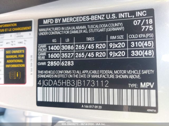 4JGDA5HB3JB173112 Mercedes-Benz Gle 350 4matic