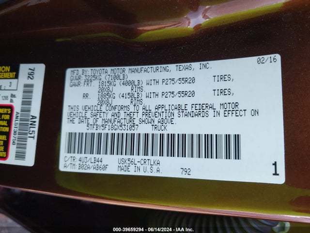 5TFBY5F18GX531057 Toyota Tundra Limited 5.7l V8
