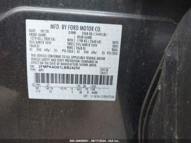 Ford EDGE SE 2020 2FMPK4G91LBB24250 Image 9