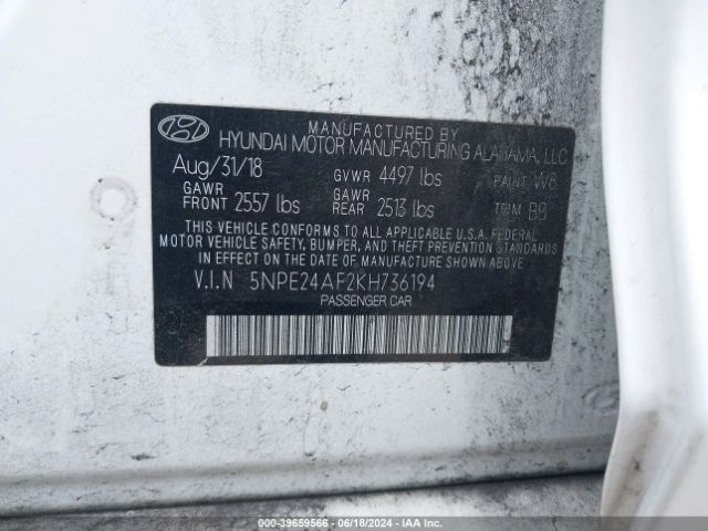 5NPE24AF2KH736194 Hyundai SONATA SE