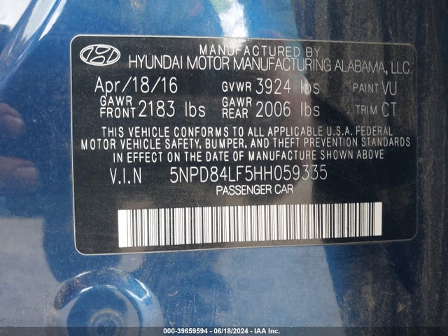 5NPD84LF5HH059335 Hyundai Elantra Limited