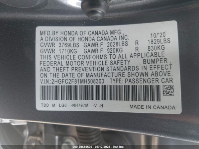 2HGFC2F81MH508300 Honda Civic Sport