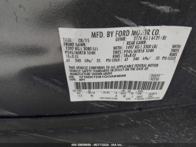 1FM5K7D81GGA84688 Ford EXPLORER XLT