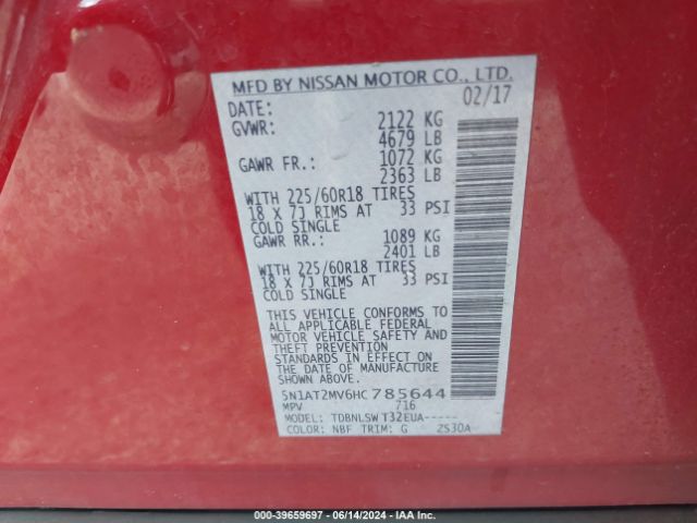 5N1AT2MV6HC785644 Nissan Rogue Sl
