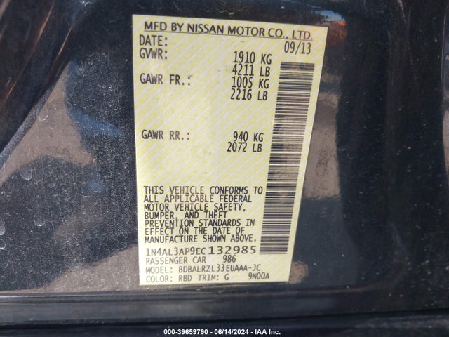 39659790 :رقم المزاد ، 1N4AL3AP9EC132985 vin ، 2014 Nissan Altima 2.5 S مزاد بيع