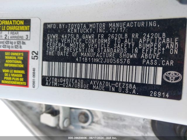 4T1B11HK2JU056576 Toyota CAMRY SE