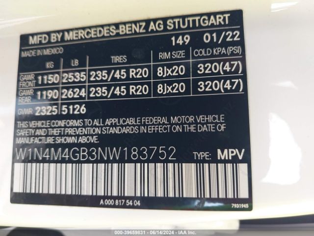 W1N4M4GB3NW183752 Mercedes-Benz GLB 250