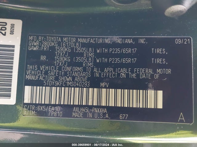 Toyota SIENNA XLE 2021 5TDYSKFC1MS040293 Image 9