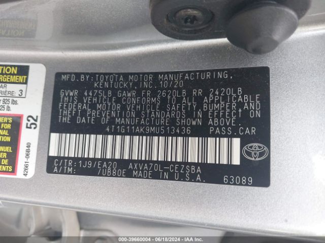 4T1G11AK9MU513436 Toyota CAMRY SE