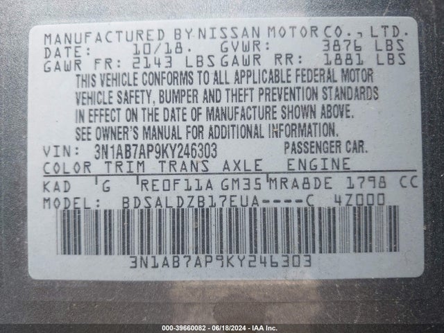 Nissan SENTRA SV 2019 3N1AB7AP9KY246303 Image 9