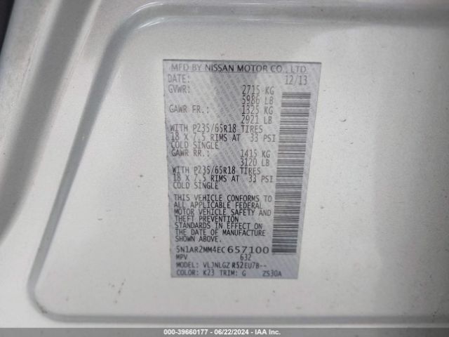 5N1AR2MM4EC657100 Nissan Pathfinder Sl