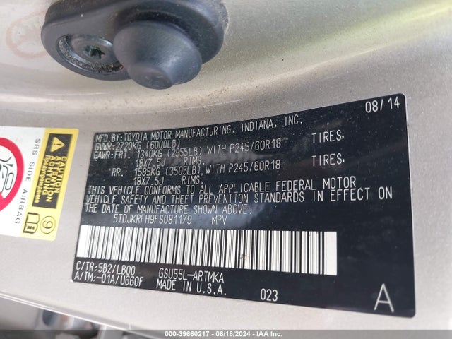 Toyota Highlander Xle V6 2015 5TDJKRFH9FS081179 Image 9