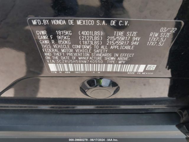 3CZRU5H58NM740550 Honda Hr-v 2wd Ex