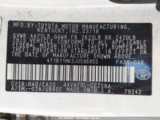 Toyota CAMRY SE 2018 4T1B11HK3JU596955 Image 9