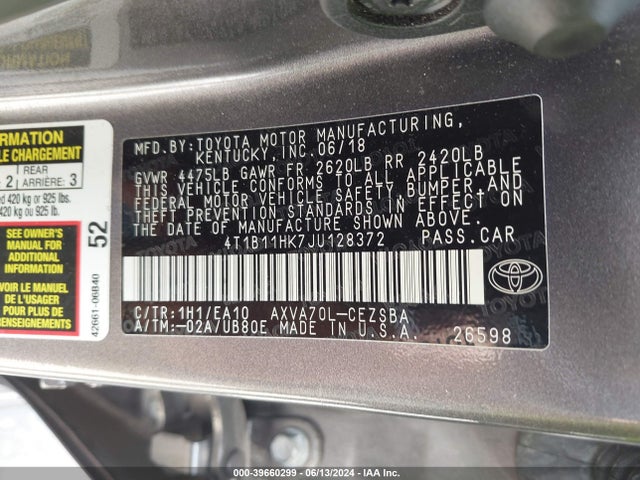 Toyota CAMRY SE 2018 4T1B11HK7JU128372 Image 9