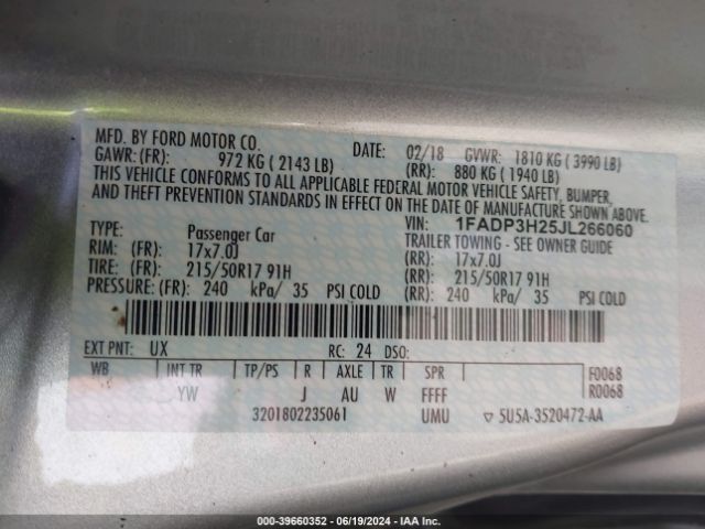 1FADP3H25JL266060 Ford FOCUS SEL