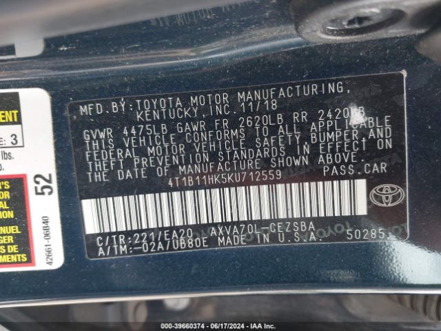 4T1B11HK5KU712559 Toyota CAMRY SE