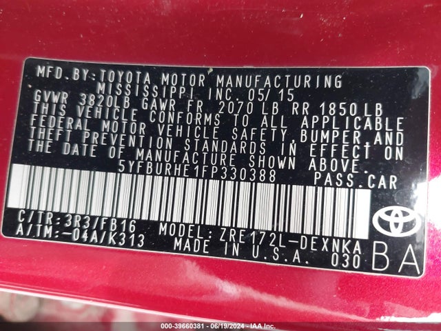 Toyota COROLLA LE 2015 5YFBURHE1FP330388 Image 9