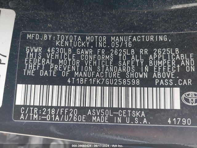 Toyota CAMRY SE 2016 4T1BF1FK7GU258598 Image 9