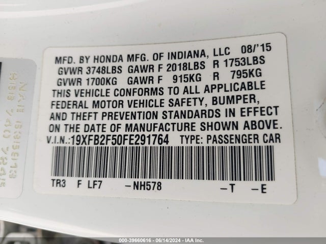 Honda Civic Lx 2015 19XFB2F50FE291764 Image 9