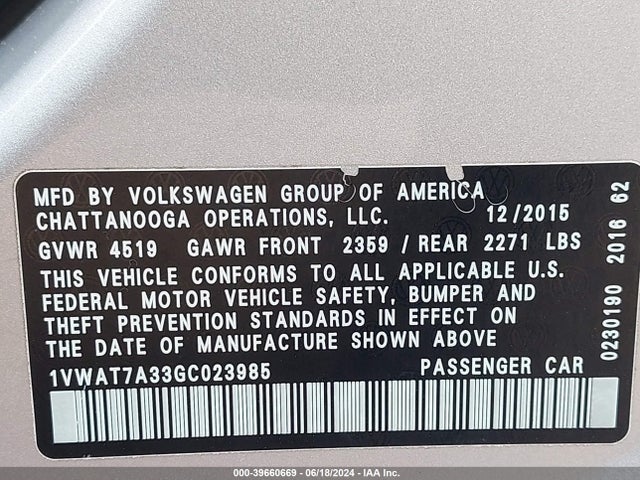1VWAT7A33GC023985 Volkswagen Passat 1.8t S