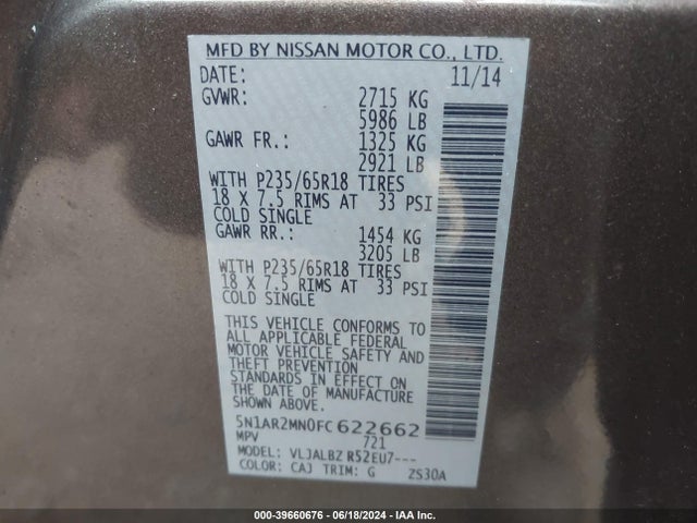 5N1AR2MN0FC622662 Nissan Pathfinder S