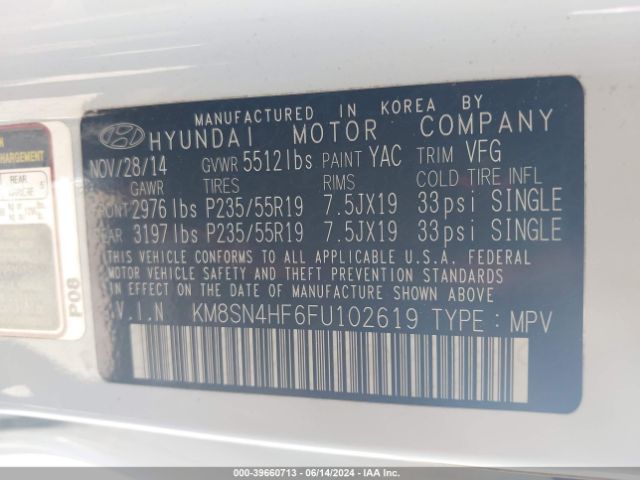 KM8SN4HF6FU102619 Hyundai Santa Fe Gls