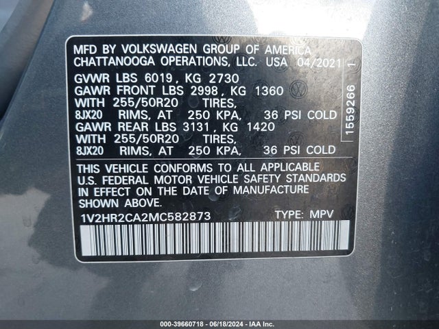 1V2HR2CA2MC582873 Volkswagen Atlas 3.6l V6 Se W/technology
