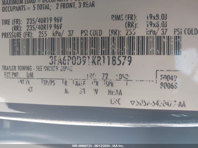 Ford Fusion Titanium 2019 3FA6P0D91KR118579 Image 9