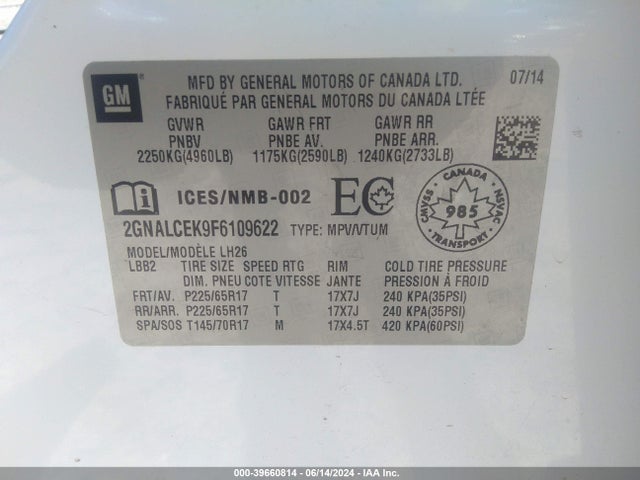 2GNALCEK9F6109622 Chevrolet lea - flex fuel (gas/alc), aluminum, ho,