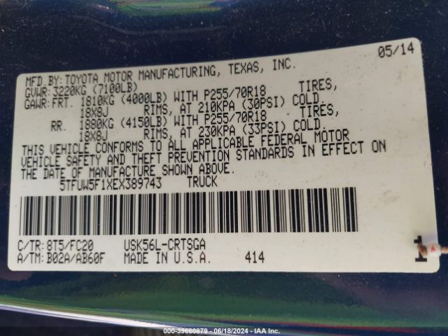 5TFUW5F1XEX389743 Toyota Tundra Sr5 5.7l V8