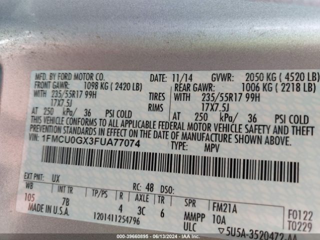 1FMCU0GX3FUA77074 Ford ESCAPE SE