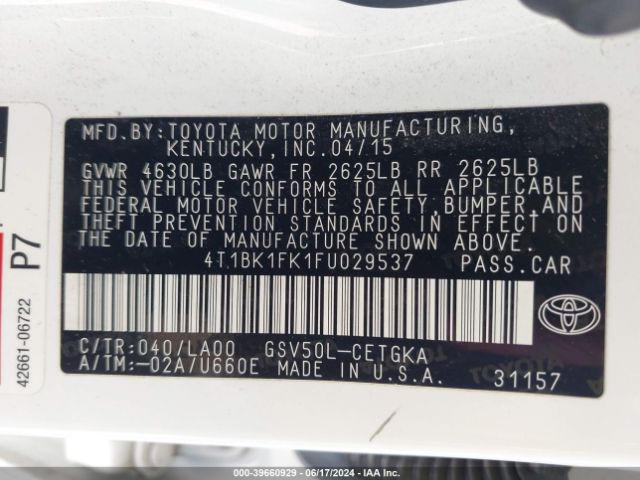 4T1BK1FK1FU029537 Toyota Camry Xle V6