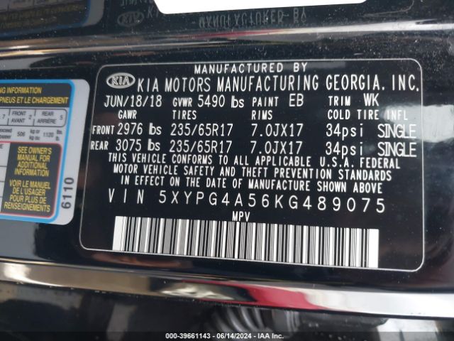 5XYPG4A56KG489075 KIA Sorento 3.3l Lx